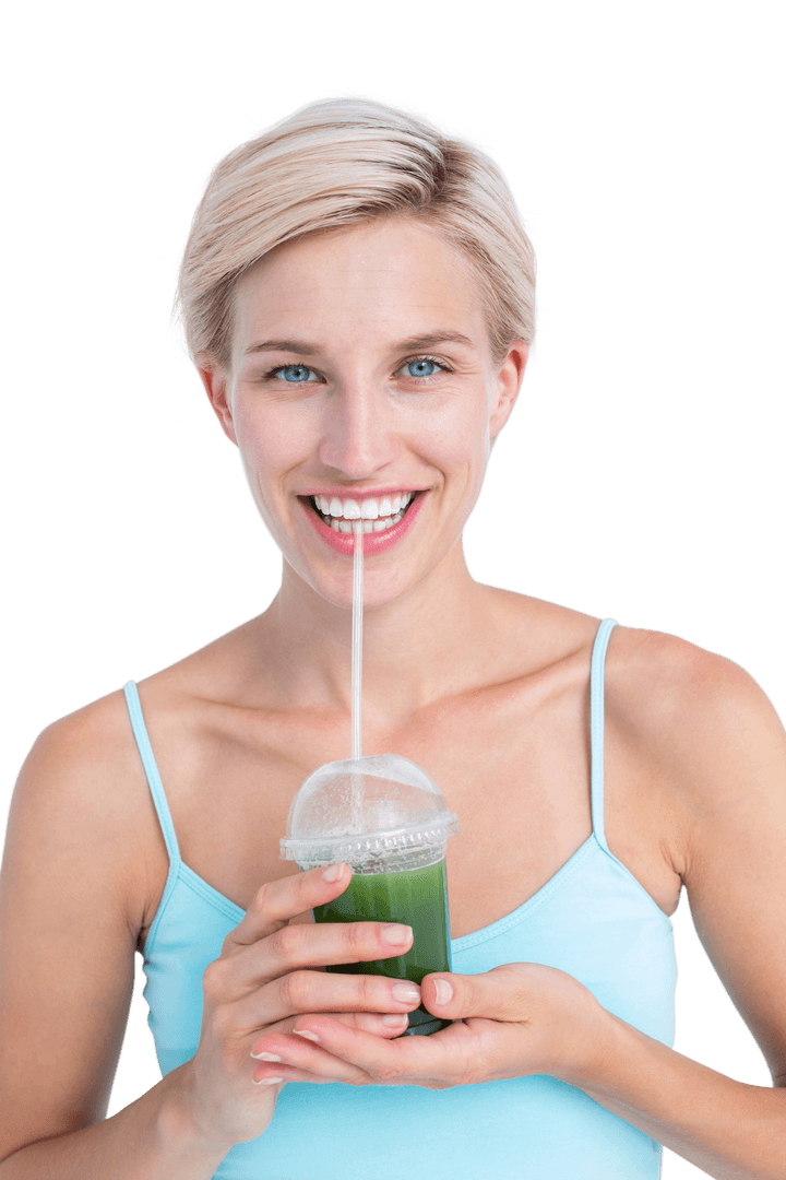 Smiling Woman Drinking Green Juice Transparent Background