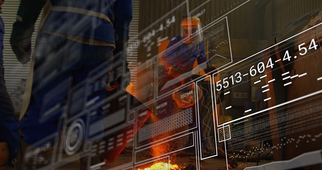 Foundry Worker Pouring Molten Metal With Digital Interface Overlay