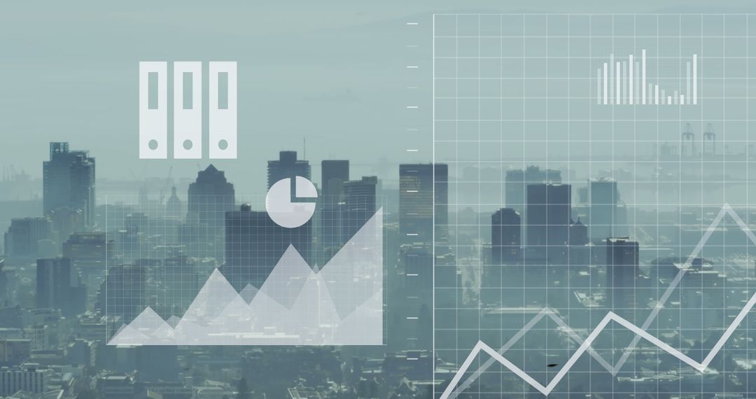 Futuristic Data Analytics Overlay on Aerial Cityscape