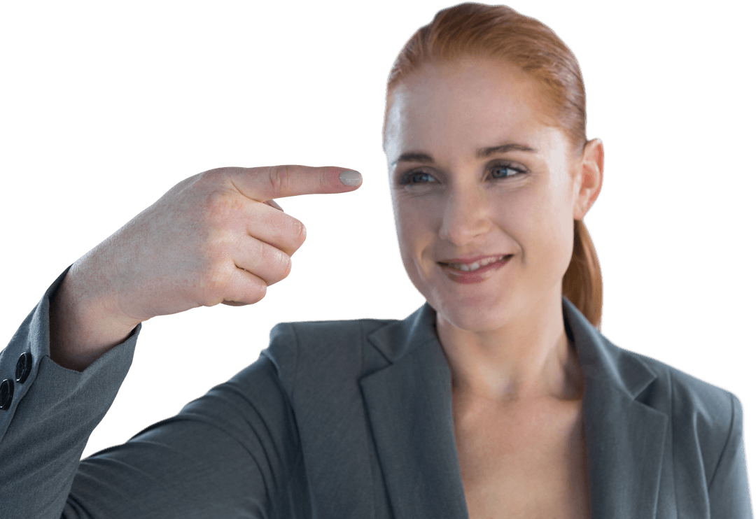 Transparent Businesswoman Smiling at Pointing Index Finger Gesture