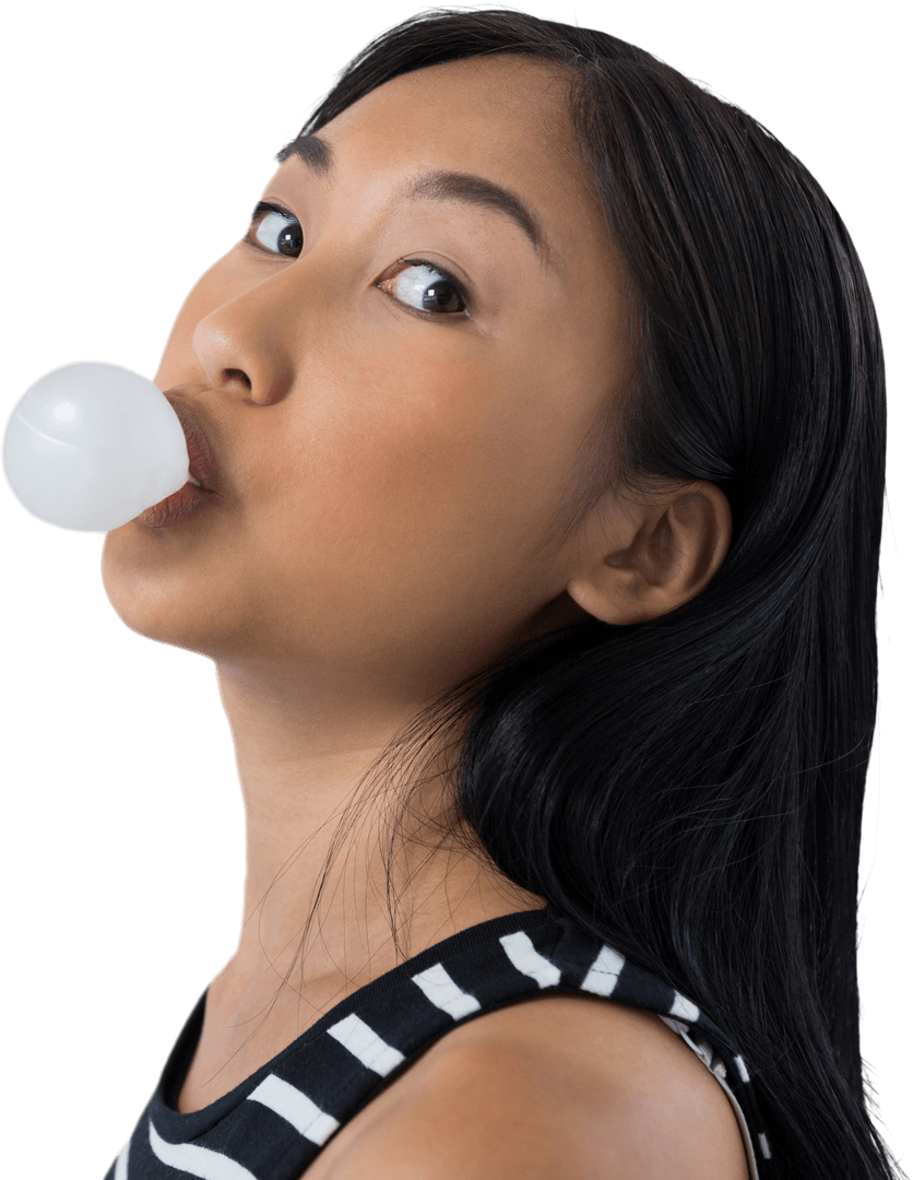 Young Woman Blowing Bubble Gum on Transparent Background