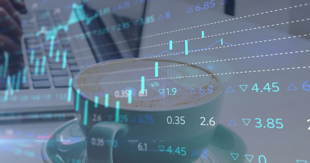 Financial Data Overlay on Laptop and Coffee Scene