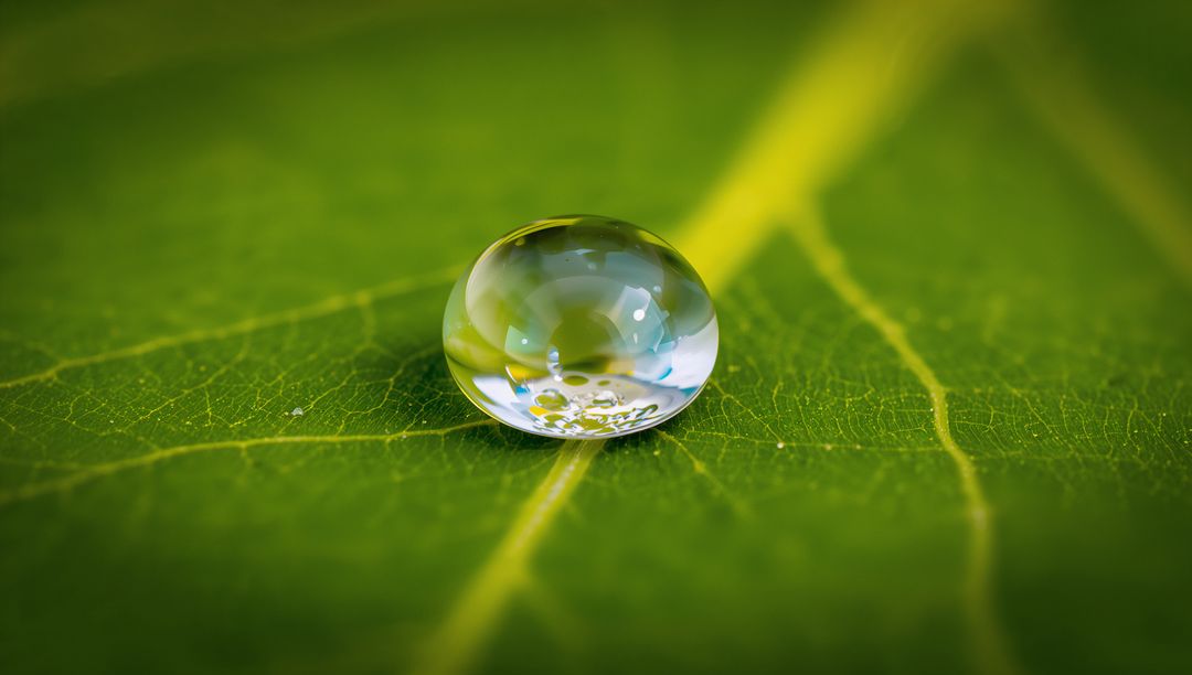 Spherical water droplet on vibrant green leaf macro with sharp vein detail and soft bokeh