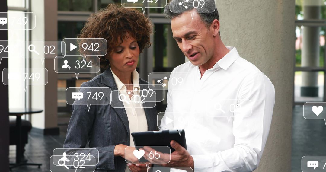 Business Professionals Engaging with Digital Technology in Corporate Environment