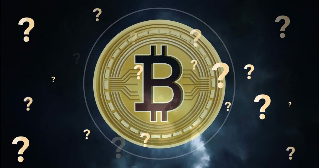 Bitcoin Symbol with Question Marks Illustrating Cryptocurrency Uncertainty