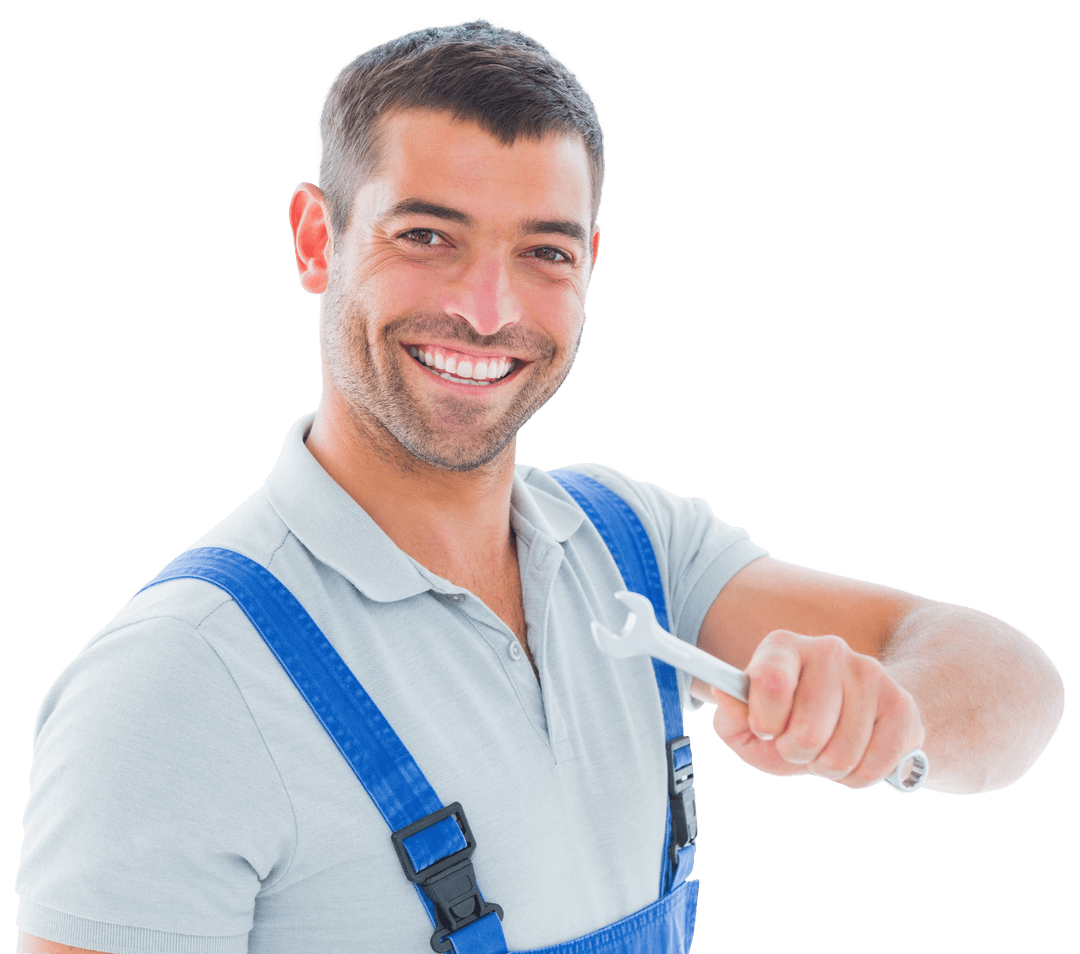 Smiling Handyman Holding Spanner on Transparent Background