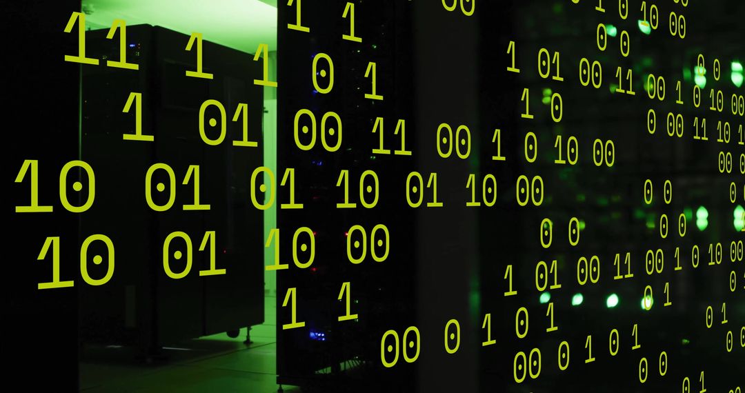 Binary code flowing in high-tech data server room