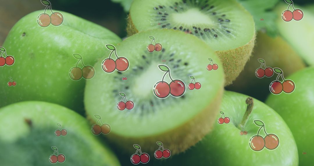 Close-Up of Fresh Kiwi Fruits with Playful Cherry Overlays