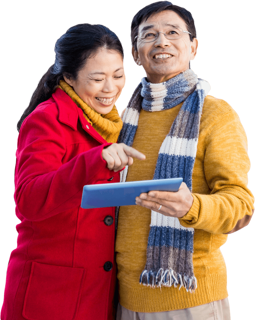 Transparent Close-Up Asian Couple Using Tablet on Cold Day