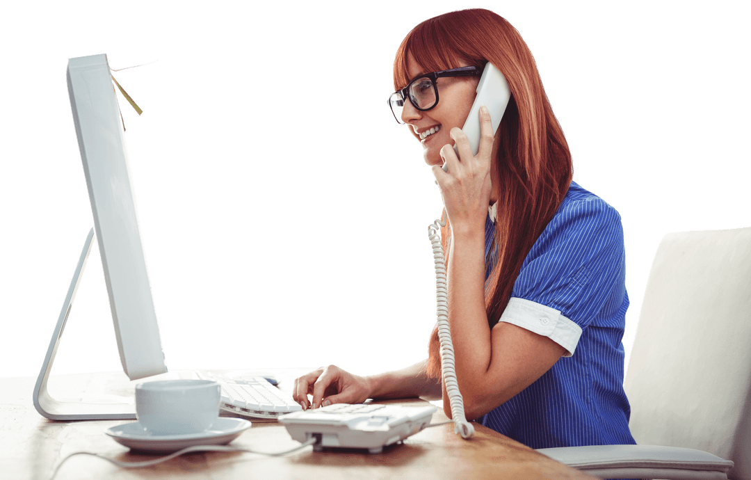 Hipster Woman Smiling on Phone with Computer and Cup