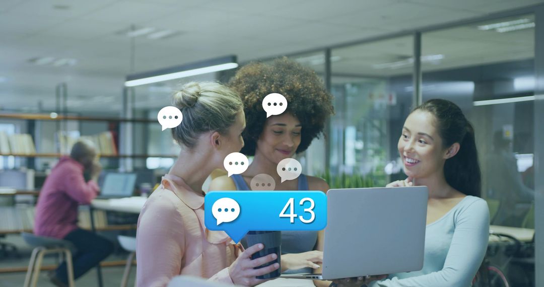 Three Women Collaborating in Modern Office with Chat Messages