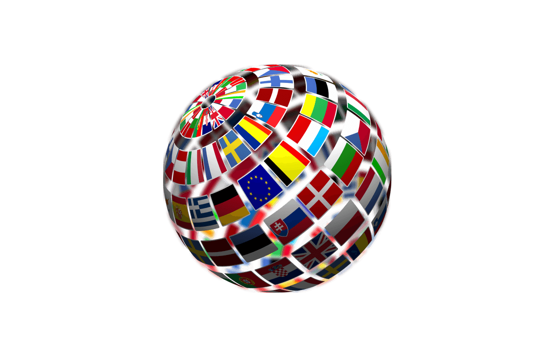 Transparent Globe with International Flags on Isolated Background