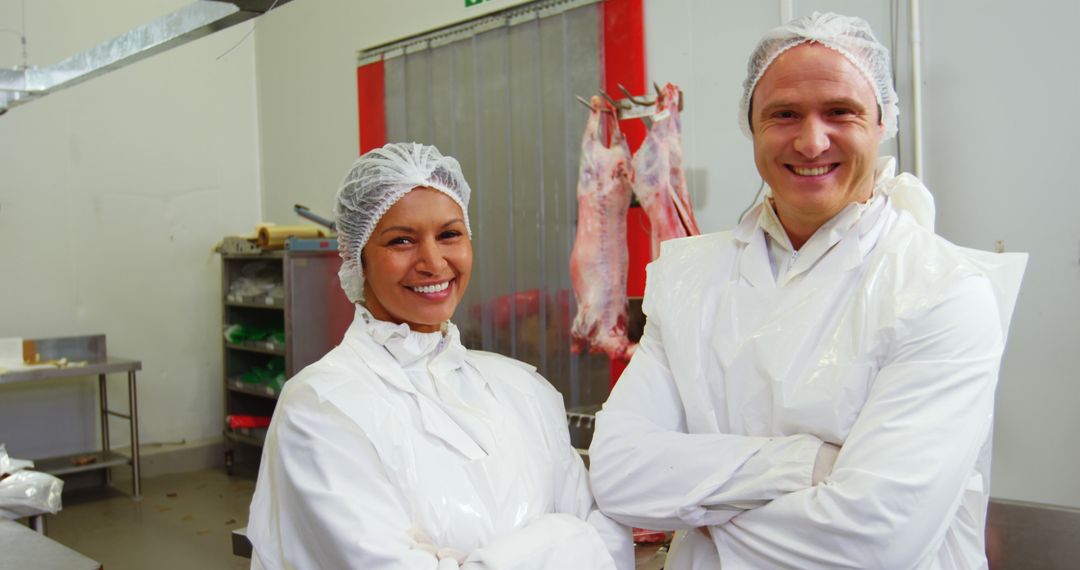 Team of Butchers Smiling Confidently in Meat Processing Plant - Free Images, Stock Photos and Pictures on Pikwizard.com