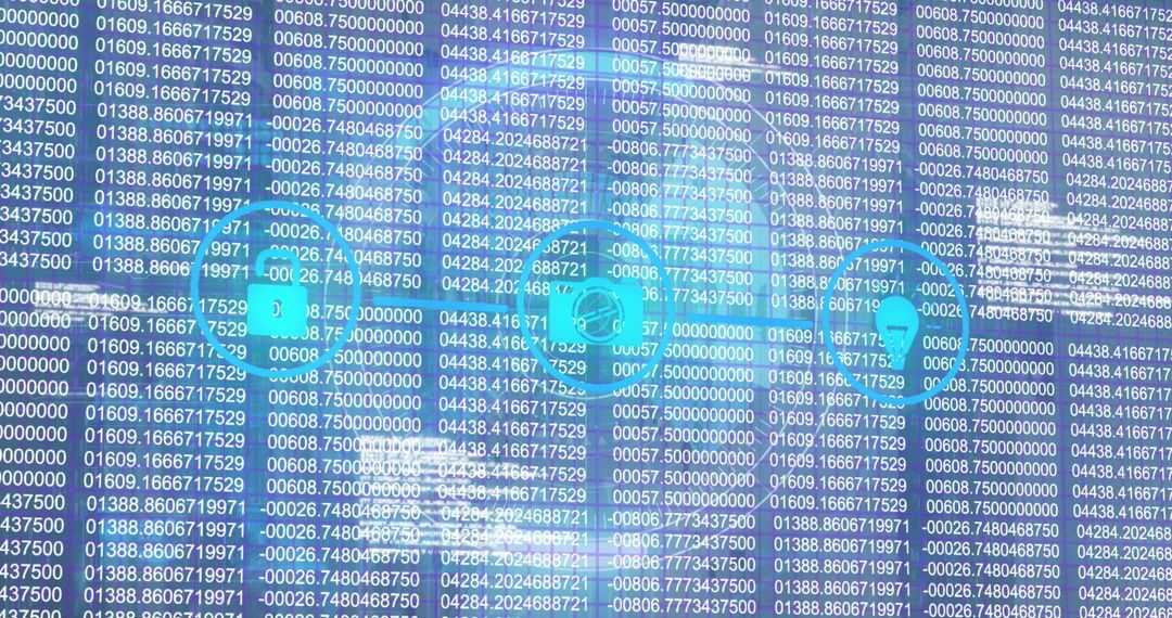 Data security display with cyber icons and code matrix