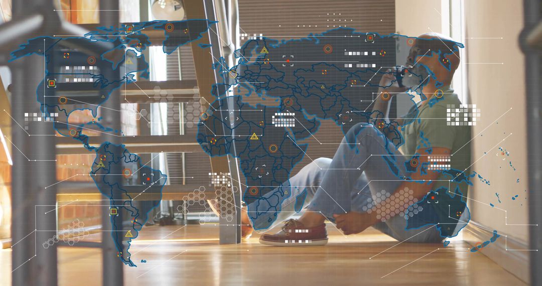 Modern Man Using Smartphone with Global Connectivity Overlay