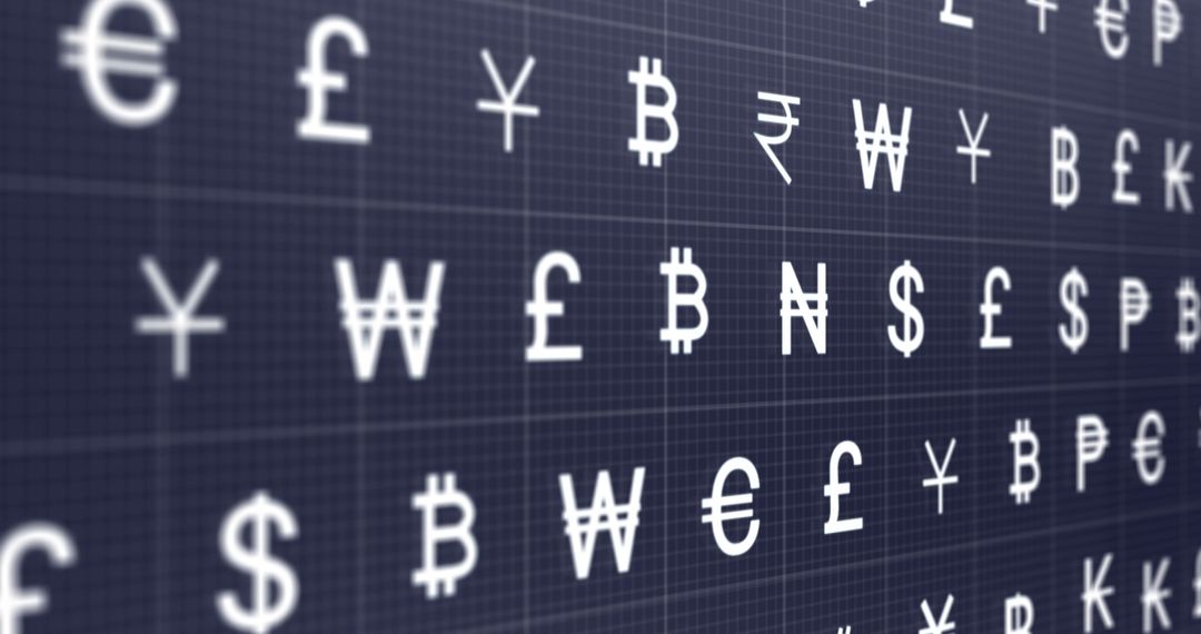 Global Currency Symbols on Dark Digital Background