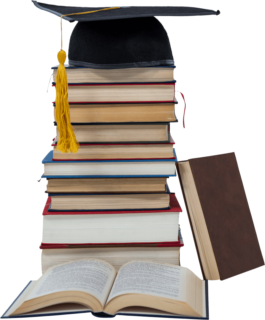 Mortarboard Placed on Large Stack of Books with Transparency