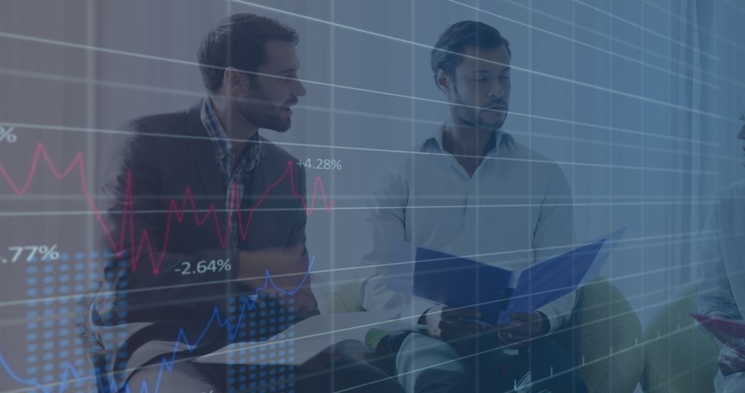 Business Team Discussing Data with Digital Graph Overlay