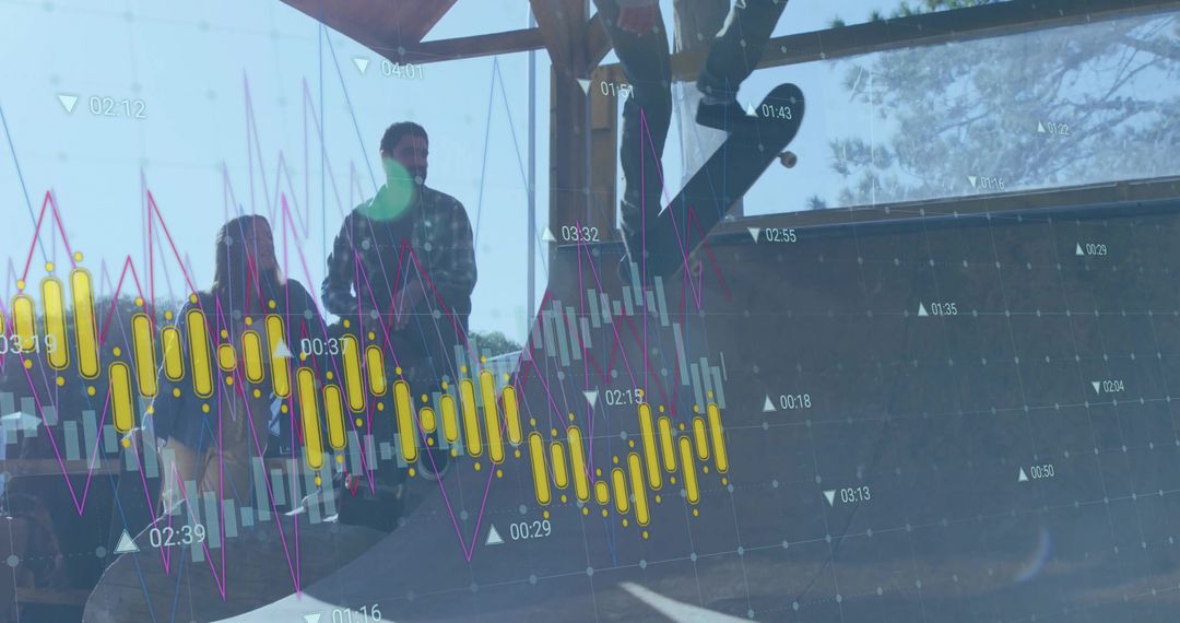 Skater Riding Ramp with Financial Chart Overlay for Innovative Urban Concepts