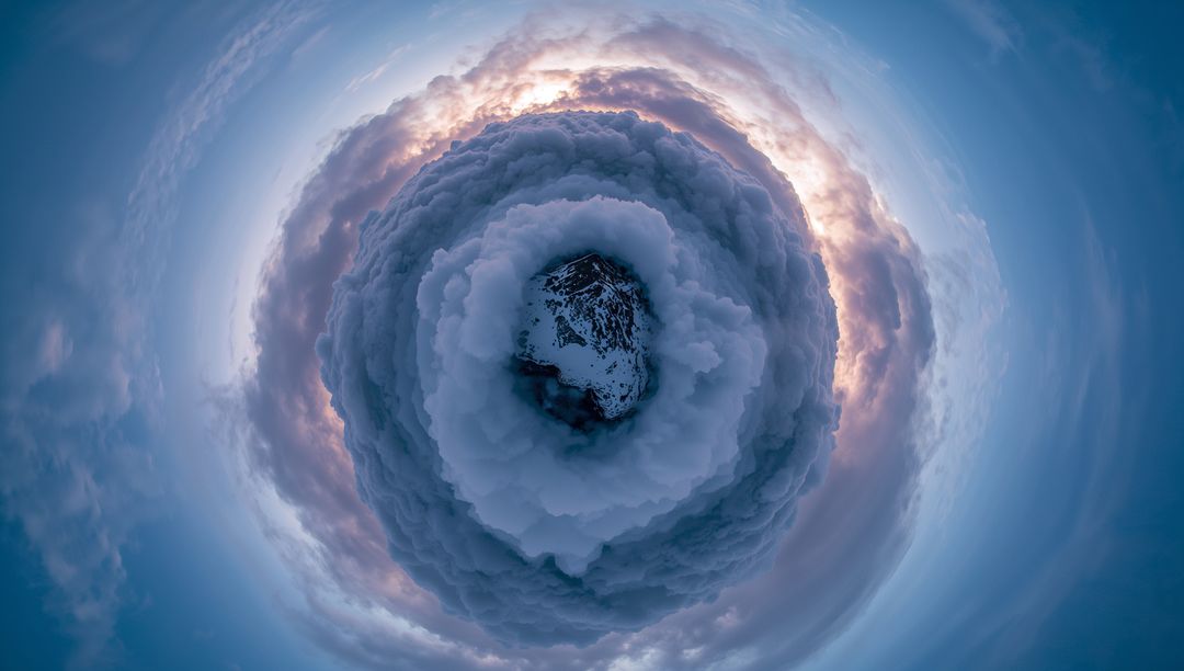 Abstract Swirling Cloudscape Surrounding Snowy Mountain Peak