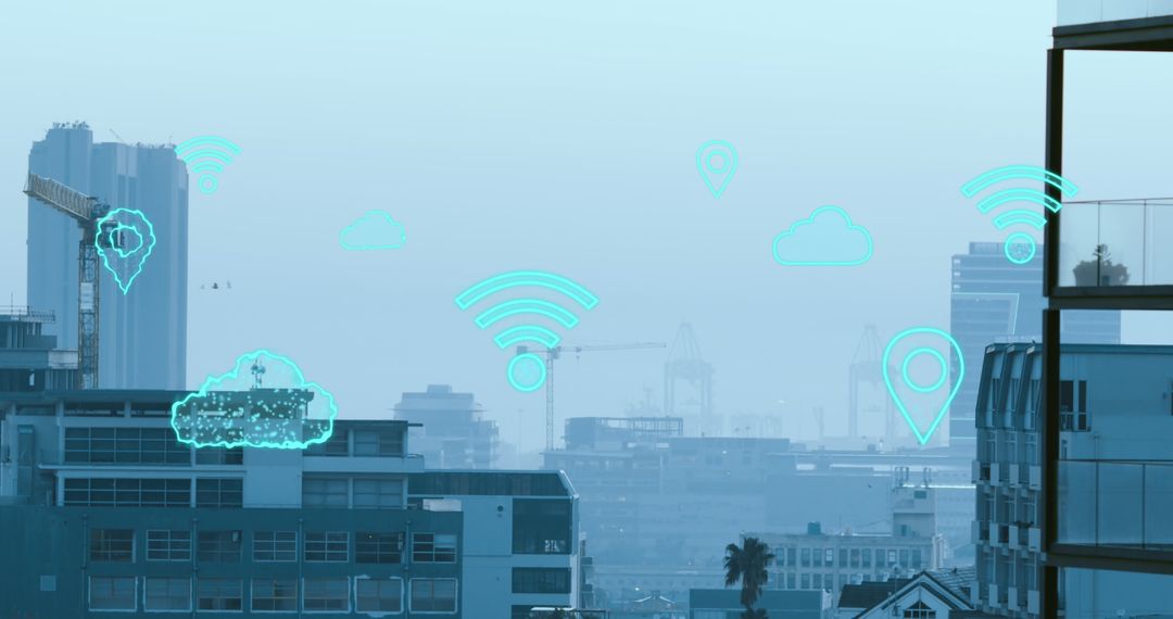 Smart City with Digital Cloud and Wi-Fi Icons Overlay
