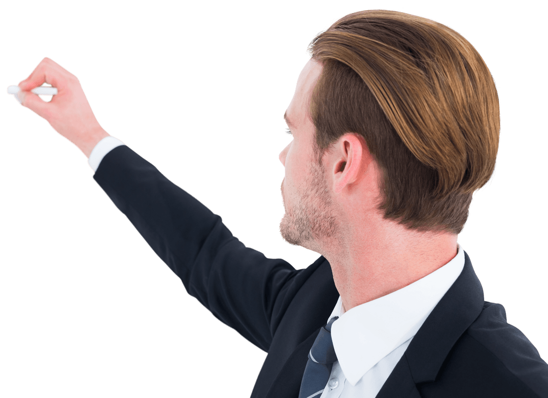 Well Dressed Businessman Writing with Chalk on Transparent Background