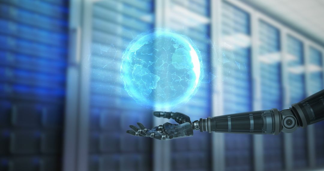 Robotic Hand Balancing Futuristic Digital Globe in Data Center