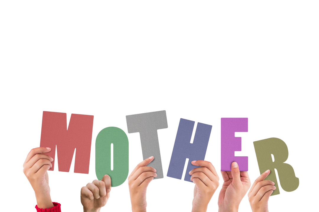 Hands Holding Colorful 'Mother' Letters on Transparent Background