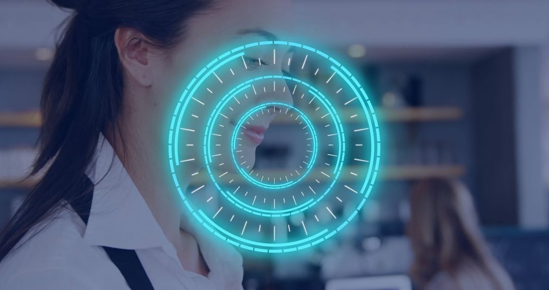 Barista with Holographic Interface in Modern Café Setting