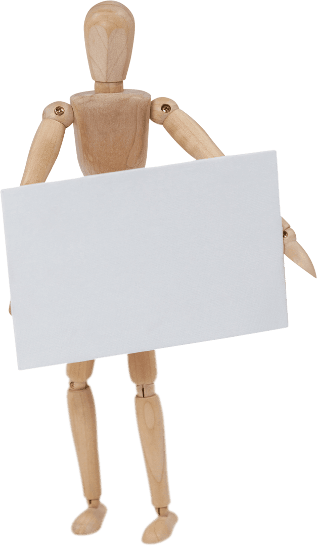 Transparent Wooden Mannequin Holding Blank Sign for Communication Concept