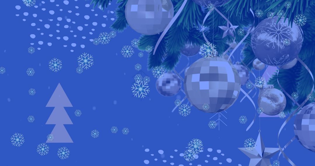 Festive Christmas Tree Branch with Ornaments and Snowflakes on Blue