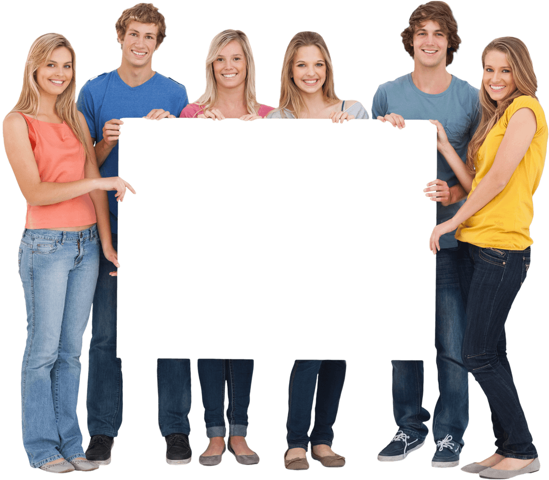 Group of Young Friends Holding Blank Transparent Board Smiling
