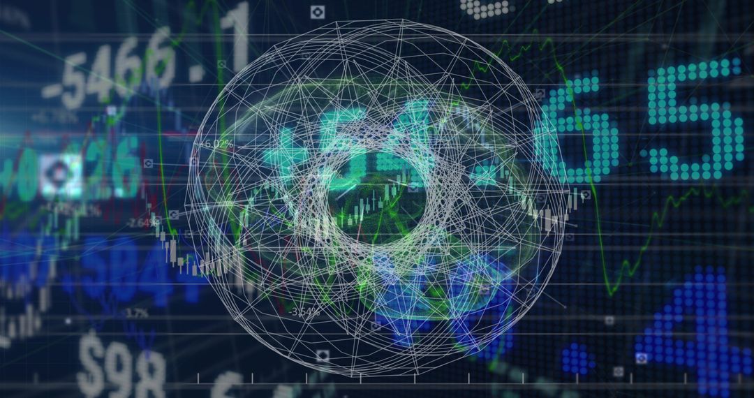 3D Wireframe Sphere Over Digital Trading Interface Visualization