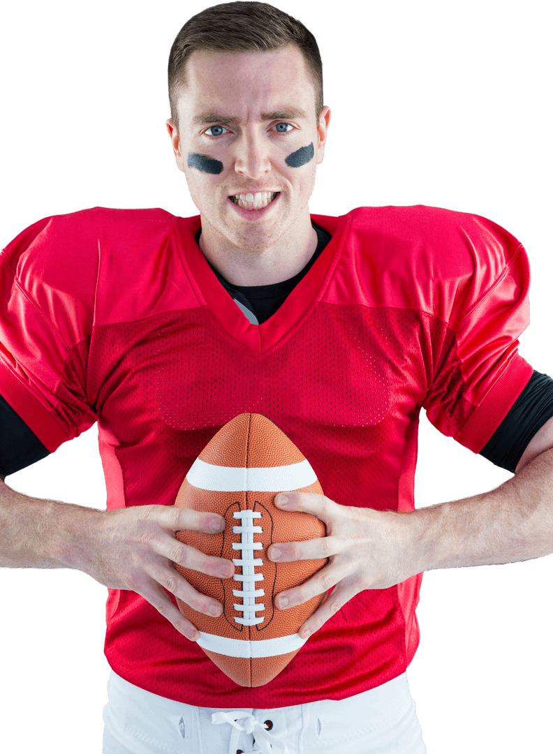 Determined Football Player Holding Ball Transparent Background