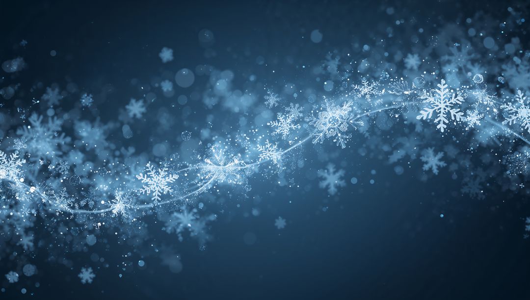 Glowing snowflake ribbon arcing across navy bokeh background with sparkling frost trail