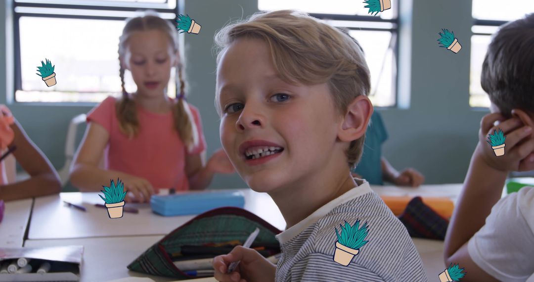 Diverse Schoolchildren Learning with Eco Icons Overlay in Classroom