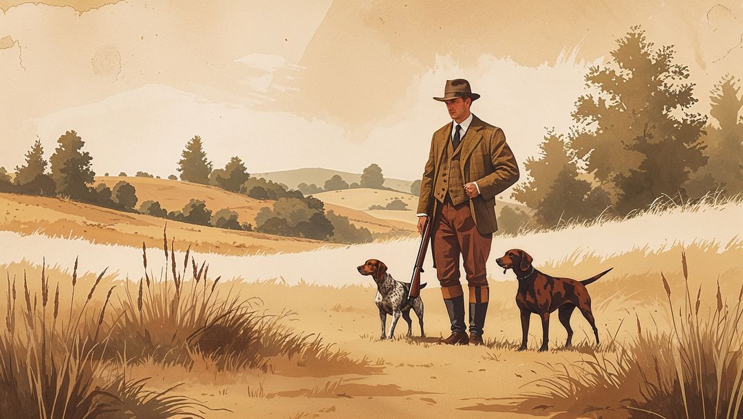 Hunter with pointing dogs animals in countryside landscape
