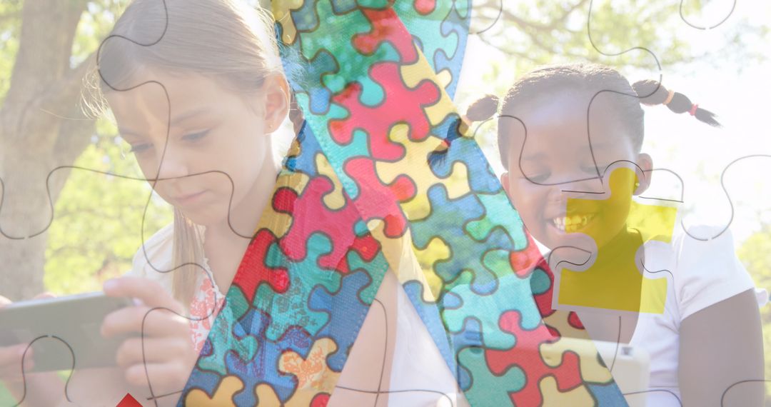 Autism Support Concept with Girls Engaged on Tablets and Puzzle Ribbon