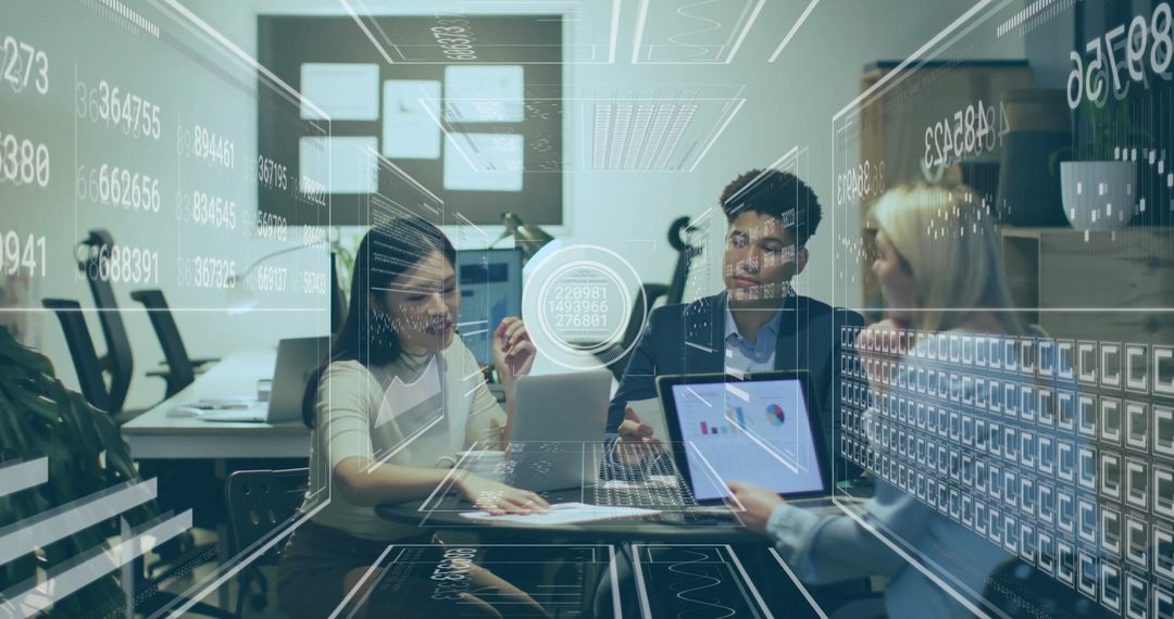 Diverse Professionals Engaging with Digital Data Interfaces