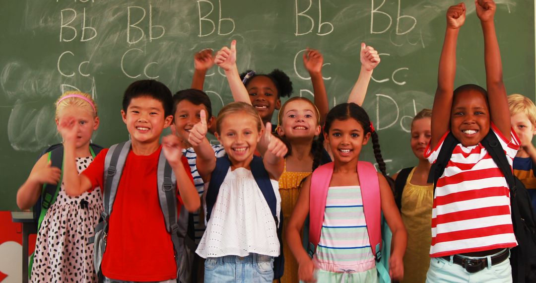 Joyful Schoolchildren Showing Thumbs Up in Classroom Setting