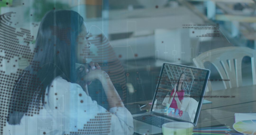 Woman Engaged in Virtual Meeting with Global Data Overlay