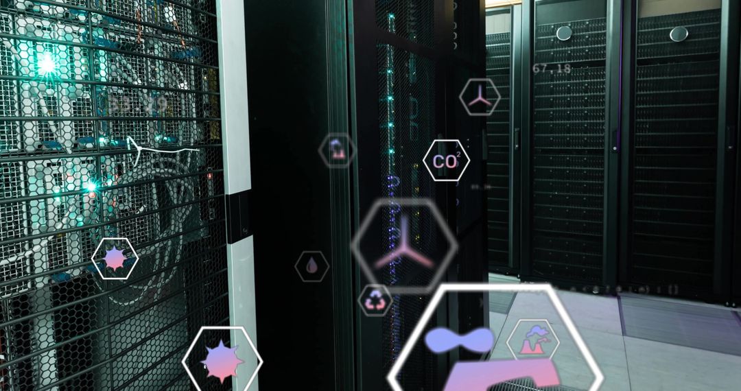 Eco-Friendly Data Center with Digital Overlay Icons