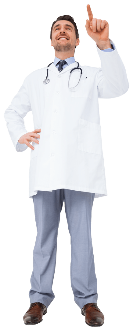 Transparent Confident Doctor Pointing Upward in White Lab Coat