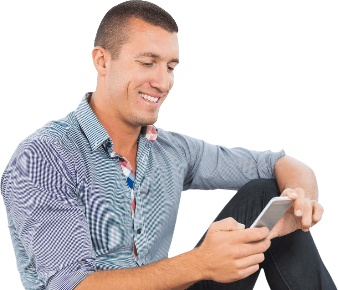Happy Young Businessman Using Transparent Smartphone Interface