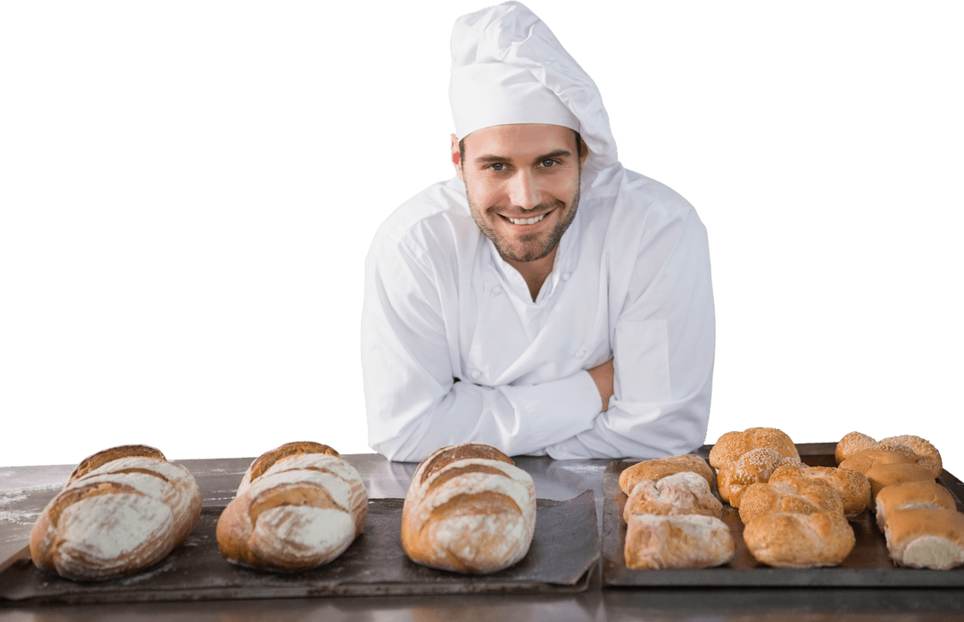 Cheerful Chef Standing with Freshly Baked Bread Assortment Display Transparent