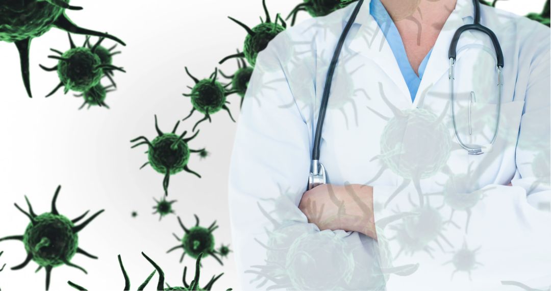 Doctor with Stethoscope Surrounded by Green Virus Cells