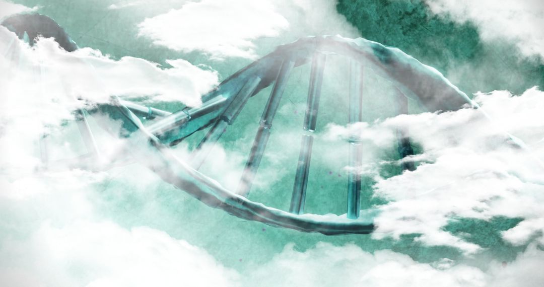 Floating Metallic DNA Helix in Cloudy Teal Sky Concept