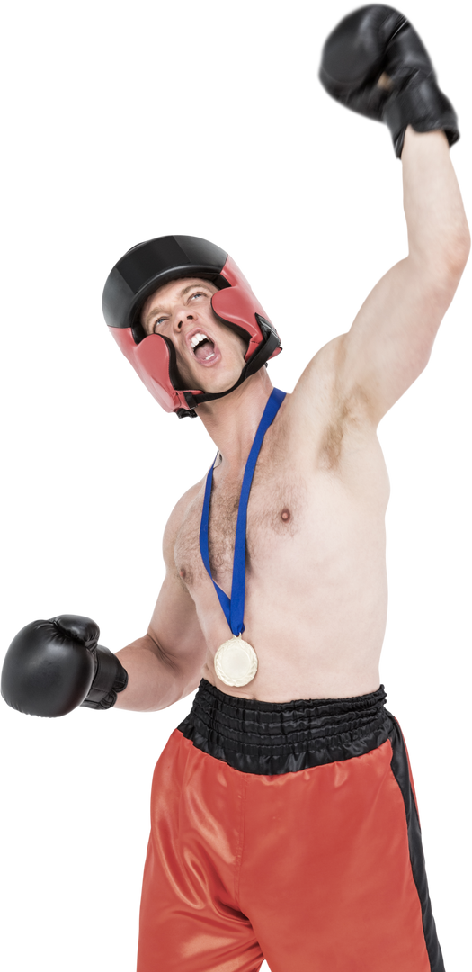 Triumphant Boxer in Boxing Gloves Wearing Gold Medal with Arm Raised on Transparent Background - Download Free Stock Images Pikwizard.com