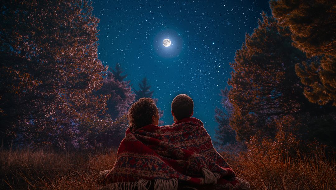 Couple Enjoying Starry Night in Forest with Full Moon