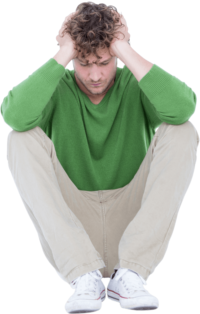 Transparent Sad Man Sitting, Head in Hands in Casual Wear